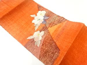 手織り真綿紬草花模様織出し名古屋帯